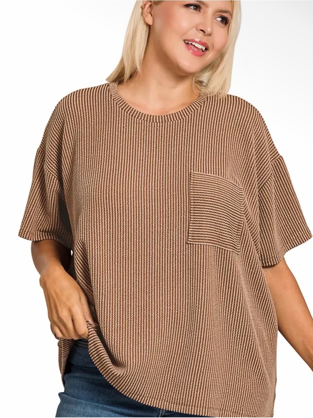 Women’s Taupe Ribbed Short-Sleeve Pocket Top